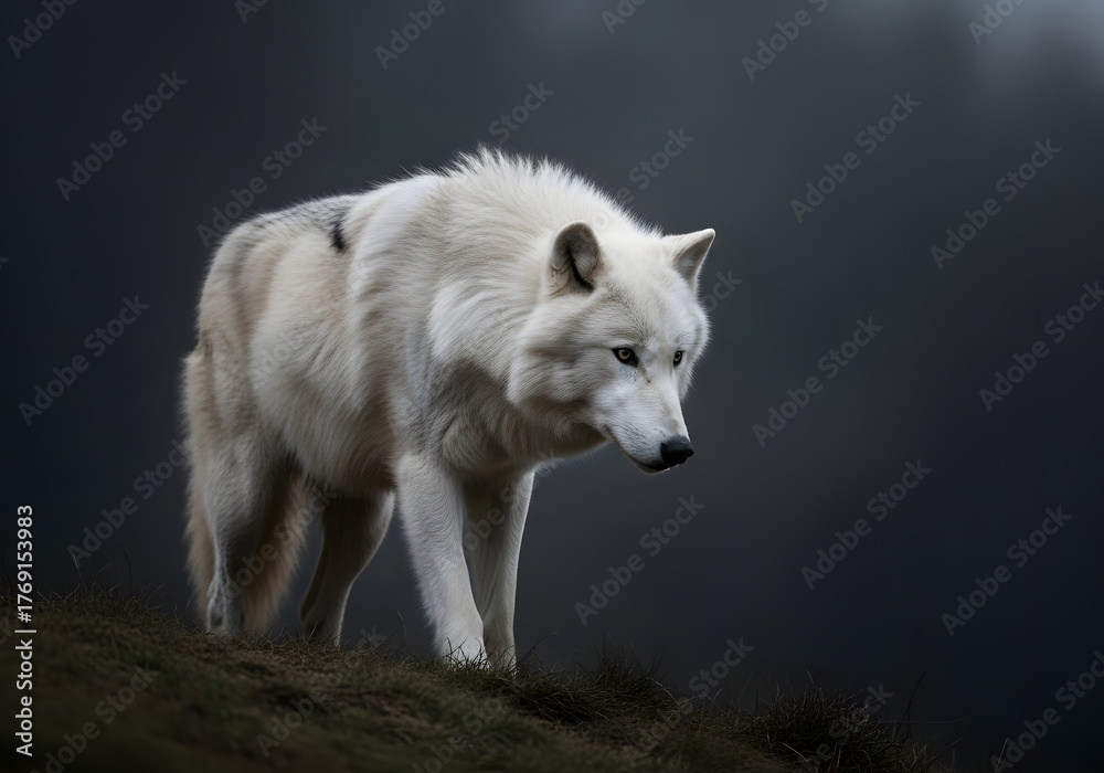 Fototapeta premium A majestic white wolf in its natural habitat, captured in a moment of calm and contemplation. The wolf's fur is pristine, contrasting against the muted background.