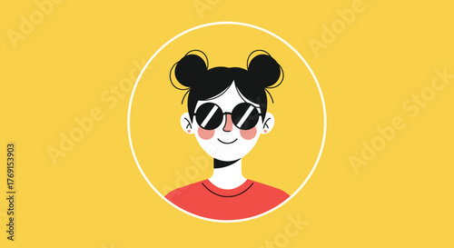 Smiling young woman with space buns and stylish sunglasses, featured in a modern digital avatar on a vibrant yellow background.