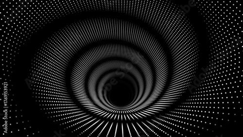 3D Gray Circles Tech Background with Dotted Lines and Optical Illusion Effect. Big Data Visualization in Dark Space. Modern Dots Style Round Tunnel Banner. Vector Illustration.