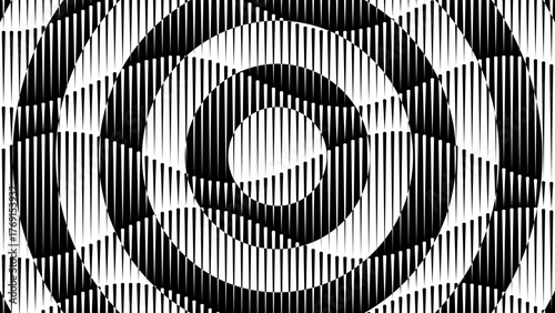 Trippy Radial Wave Optical Illusion Circle with Striped Lines. Circular Op Art Element with Geometric Black and White Pattern. Abstract Visual Interference Doppler Effect. Vector Illustration.