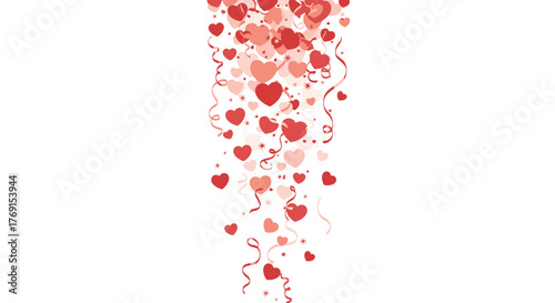 A vibrant cascade of red and pink hearts, curling ribbons, and sparkling confetti, perfect for romantic and festive themes.