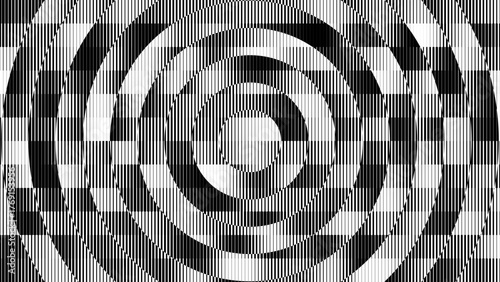 Trippy Radial Wave Optical Illusion Circle with Striped Lines. Circular Op Art Element with Geometric Black and White Pattern. Abstract Visual Interference Doppler Effect. Vector Illustration.