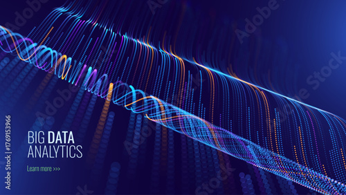 Big Data Flow Particles Dots. Digital Neural Network. Concept of AI Artificial Intelligence Technology Machine Deep Learning. Digital Communication. Scientific Research Presentation Vector.