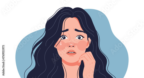 A young woman with dark hair appears deeply worried and anxious, her wide eyes, flushed cheeks, and a visible sweat drop conveying emotional distress.
