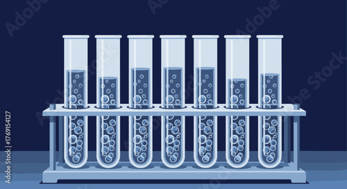 A rack of seven test tubes containing bubbling blue liquid at different levels, visually representing scientific experimentation or data.