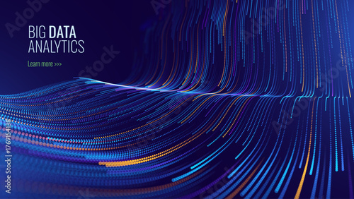 Big Data Flow Particles Dots. Digital Neural Network. Concept of AI Artificial Intelligence Technology Machine Deep Learning. Digital Communication. Scientific Research Presentation Vector.
