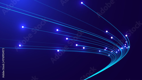 Fiber Optic, Technology, Tech Data Flow and Internet Speed Concept with Glowing Lines on Dark Blue Background. Futuristic Digital Network. Computer Science Concept. Vector Illustration.