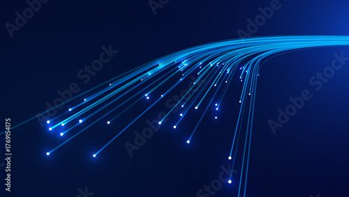 Fiber Optic, Technology, Tech Data Flow and Internet Speed Concept with Glowing Lines on Dark Blue Background. Futuristic Digital Network. Computer Science Concept. Vector Illustration.