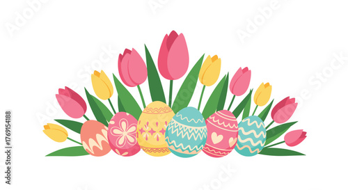A vibrant spring border featuring a festive arrangement of colorful Easter eggs and pink and yellow tulips on a clean white background.