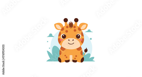 Cute cartoon baby giraffe illustration sitting happily amidst stylized savanna bushes and clouds on a white background.