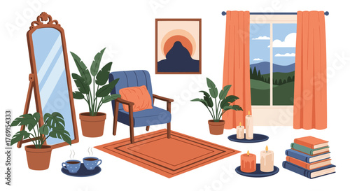 A beautifully decorated cozy living room interior featuring natural elements, a serene mountain view, and comfortable reading nooks.