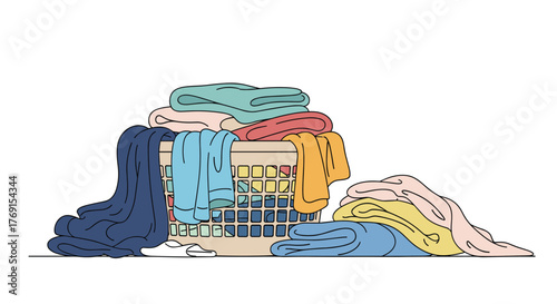 A colorful collection of freshly washed and folded clothes overflowing from a laundry basket, symbolizing household chores and clean linen.
