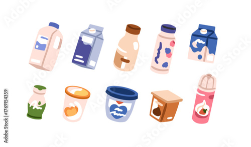 Dairy products set. Milk in bottle, yogurt in plastic cup, whipped cream, protein dessert, lactose food and drinks in carton boxes, containers. Flat vector illustration isolated on white background