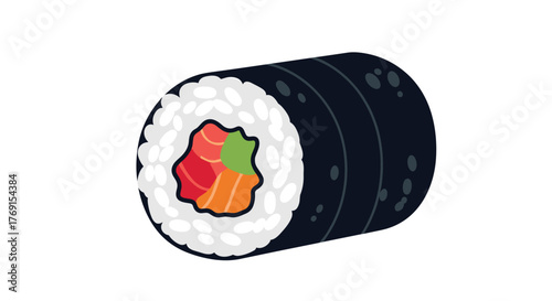 A stylized illustration of a fresh maki sushi roll, revealing colorful fillings of rice, salmon, tuna, and avocado, wrapped in dark nori, on a white background.