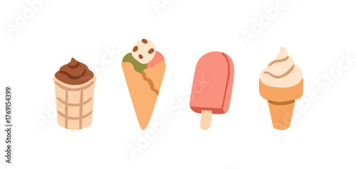 Ice cream set. Icecream cone, waffle cup, popsicle on stick, scoops, cold sof...