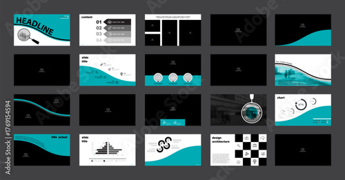 Business presentation template. Set, infographic elements, abstract green design, white background. Office building, corporate photo, PowerPoint. Slideshow, annual report. Vector illustration