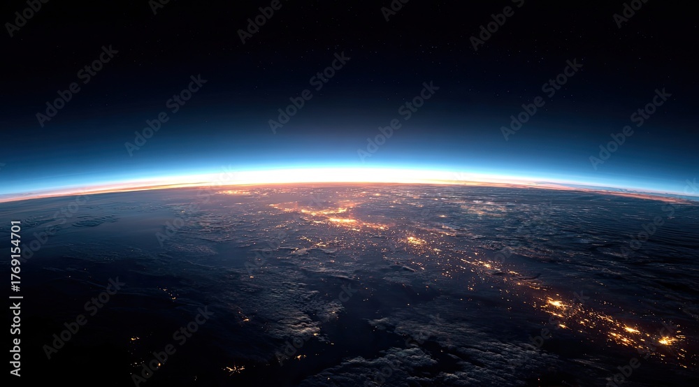 Obraz premium Earth's horizon, seen from space, with a vibrant sunrise. City lights shimmer on the dark surface, while clouds drift around the globe