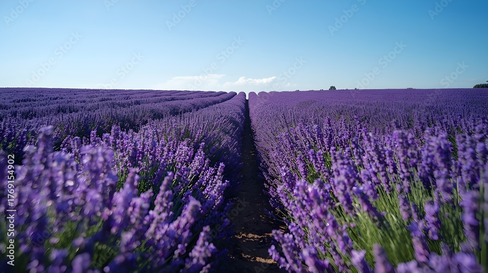 Naklejka premium Rows of vibrant purple lavender flowers stretching into the distance under a clear blue sky