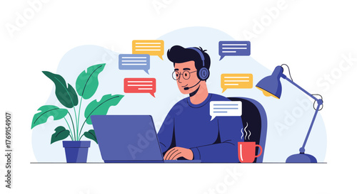 A man wearing a headset works on his laptop, surrounded by chat bubbles, representing online communication or customer support.