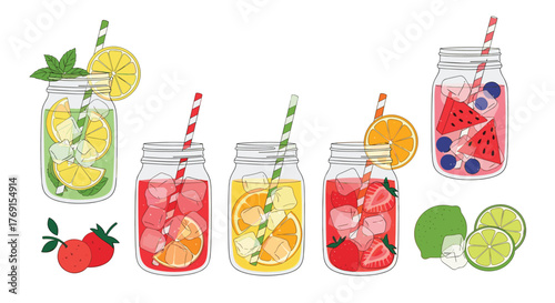 A vibrant assortment of refreshing fruit-infused drinks, including lemonade, strawberry, orange, and watermelon varieties, served in mason jars.