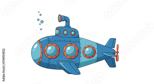 A cheerful blue cartoon submarine with visible portholes, a periscope, and a propeller, creating a fun underwater exploration concept.