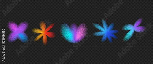 Grain gradient y2k flowers icons. Blur grainy bright noise floral set. Holographic simple shapes. Transition pink, blue elements figures. Vector spray gradation isolated on transparent background.