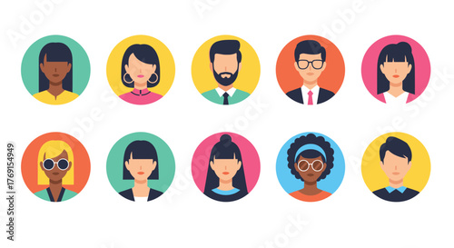 A collection of flat design avatar icons featuring diverse men and women with varied hairstyles, skin tones, and accessories, for user profiles.