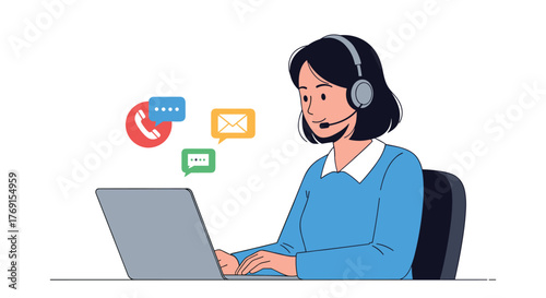 A customer service agent with a headset works on a laptop, showing multi-channel support via phone, chat, and email.