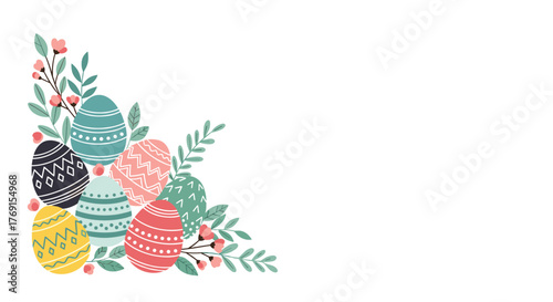 Decorative corner illustration with colorful, patterned Easter eggs nestled among delicate spring flowers and foliage on a white background.