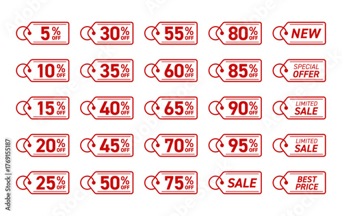 セールタグ・割引アイコンセット（25種類・シンプル）赤