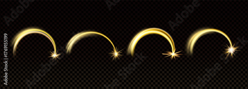 Shooting star with golden light set. Magic gold arch with sparkles collection. Glowing meteor with trail. Glimmering shiny stars in motion. Christmas vector illustration on transparent background.