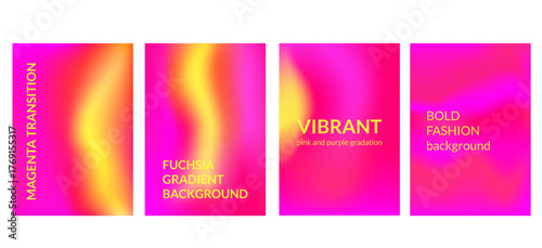 Fuchsia gradient background. Magenta, yellow vibrant gradation template set. Vector bright heat map backdrop with yellow splashes. Bold vivid pink red wallpaper and posters. Heat map transition color.