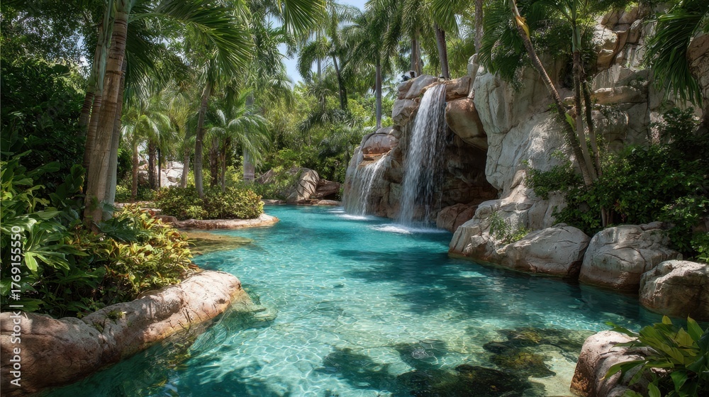Naklejka premium A tranquil moment in a beautiful tropical setting with a stunning waterfall and vibrant plants.