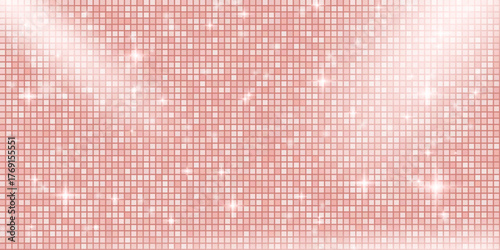 Pink disco ball mosaic background with spotlight. Mirror glitter gradient texture sequin backdrop. Rose gold dance floor with sparkles and shine lights. Glam halftone shimmer wall. Vector illustration
