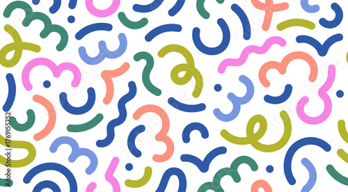 Abstract doodle lines, rainbow-colored confetti, seamless pattern. Endless background, colorful curves, dots. Repeating print, modern texture design with geometric scribbles. Flat vector illustration