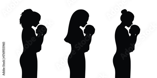 A collection of black silhouettes of women's profiles with different hairstyles holding babies. Vector illustration isolated on a white background