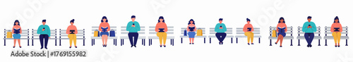 Vector illustration of diverse individuals sitting on public benches, reading, using smartphones, and digital devices.