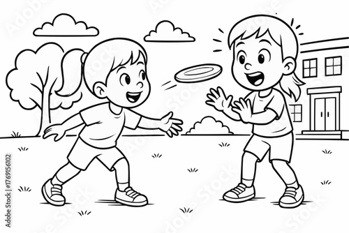 Coloring pages for kids - Two children playing frisbee in the park on a sunny day  
