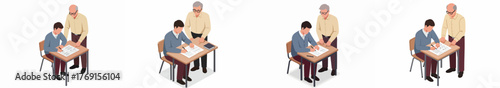 Isometric vector set of a mature teacher supervising a male student writing an exam or assignment at a school desk, emphasizing education and testing.