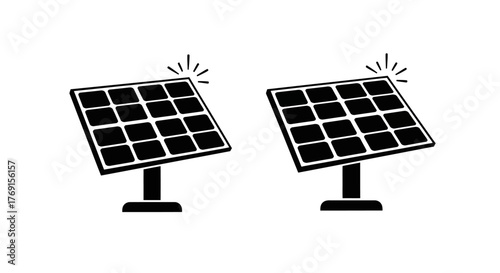 Two black and white solar panels with radiating energy symbols displayed