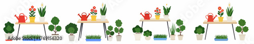 Stylized collection of potted house plants, vibrant flowers, green bushes, and a red watering can arranged for gardening and home decor.