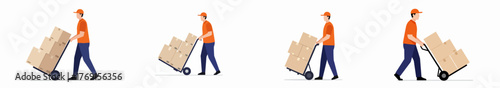 Courier delivery man pushing a loaded hand truck with cardboard boxes, representing shipping and logistics services.