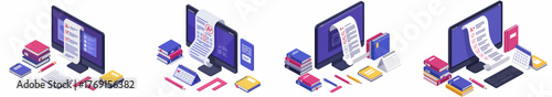 Digital learning and online assessment concepts featuring isometric icons of computers, exams, A+ grades, study materials, and academic tools.