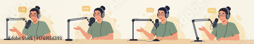 Happy female podcaster recording broadcast audio into a studio microphone, wearing headphones and glasses, engaging in conversation.