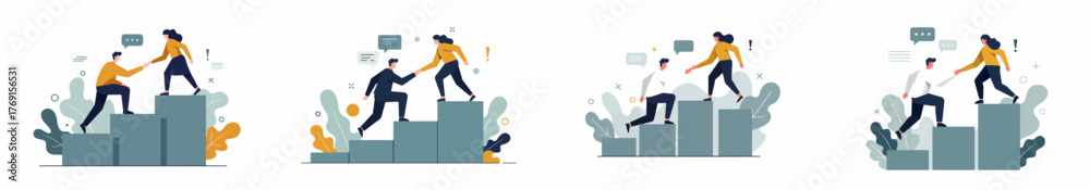 Fototapeta premium Teamwork and business partnership concepts set, showing colleagues helping each other climb the staircase of success and career growth.