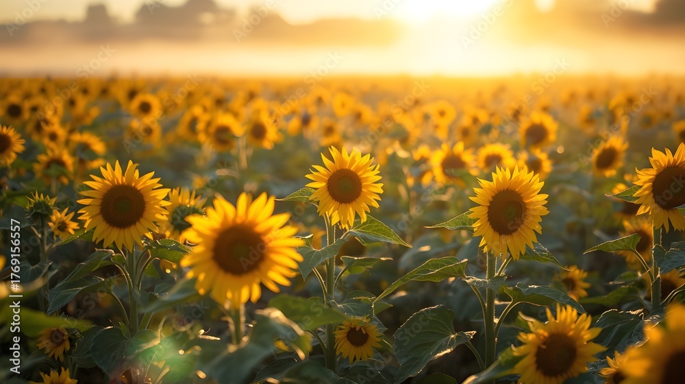 Fototapeta premium Golden Sunflowers Field Under a Gentle Morning Sun, Capturing the Essence of Summer's Warm Embrace