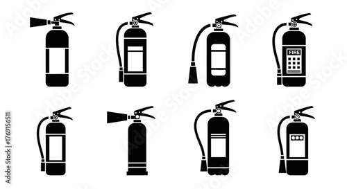 Variety of black fire extinguisher silhouettes displayed in different shapes and sizes