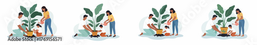 Happy family gardening together, repotting and watering a large houseplant, vector illustration set.