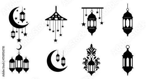 Elegant ramadan kareem decorations featuring crescent moons and ornate lanterns