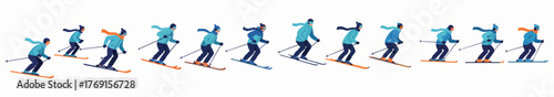 Collection of flat vector illustrations showing dynamic downhill skiers in various poses, wearing warm blue and orange winter sports clothing.